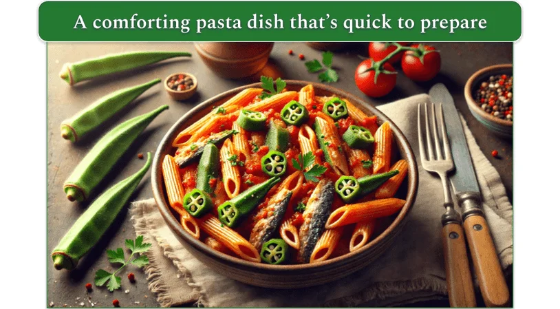 A pasta dish with sardines and okra