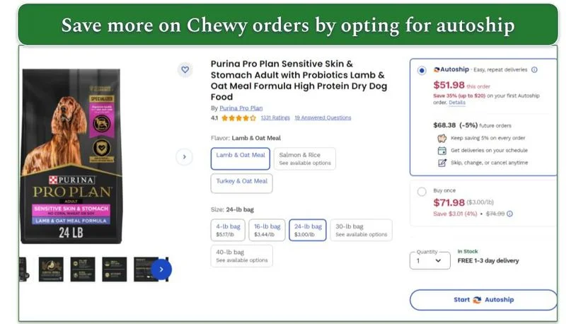 One-time and autoship pricing for Purina Pro Plan dog food on Chewy