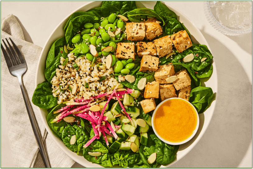 Factor's Miso Edamame Tofu Salad with Spinach, Cucumbers, Rice & Carrots