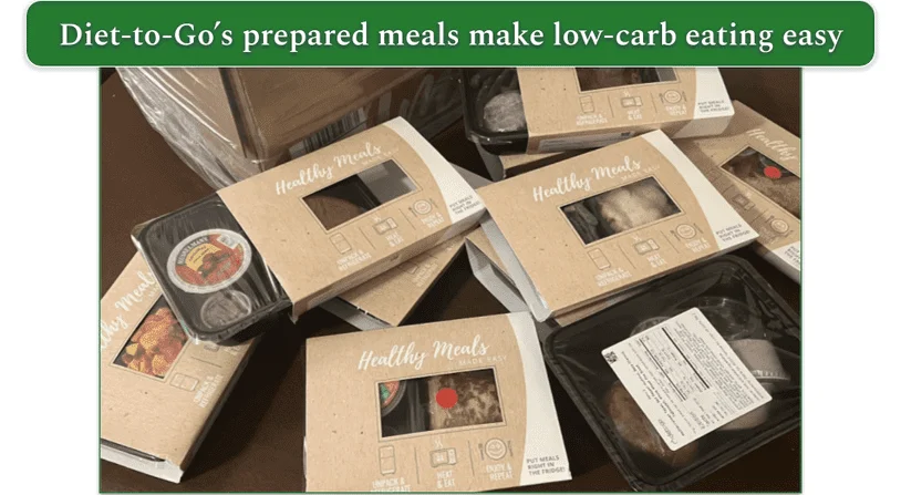 A stack of Diet-to-Go's prepared meals in packaging