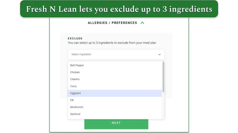 A screenshot of Fresh N Lean's allergens filter