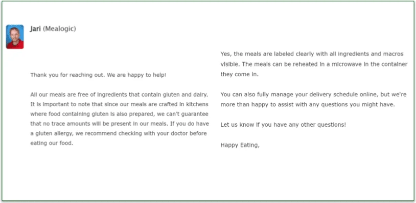 An email response from Veestro's customer support