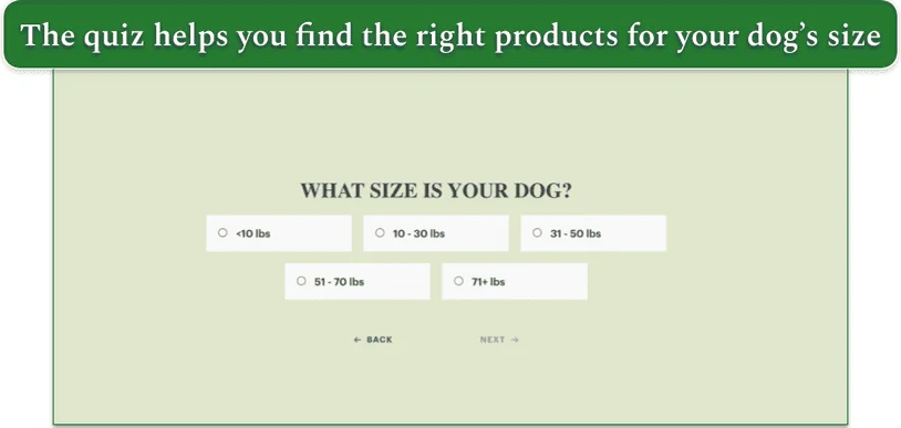 Screenshot of The Honest Kitchen’s quiz screen What Size is Your Dog