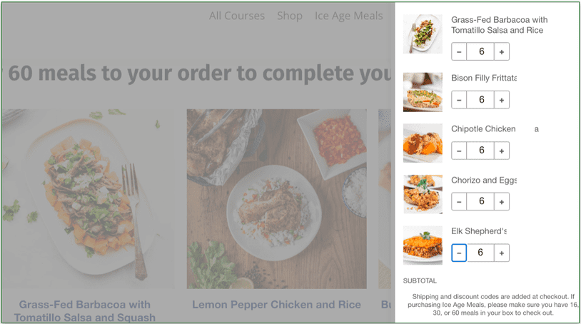 A screenshot of the Ice Age Meals shopping cart