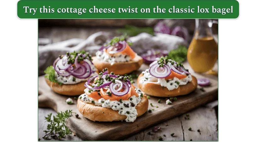 4 pieces of lox bagels, topped with cottage cheese, red onion, and capers