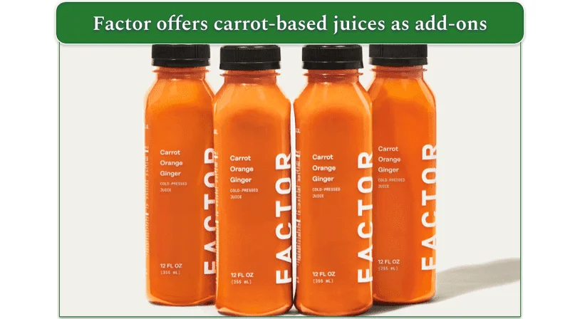 4 bottles of carrot-based juice from Factor meal delivery