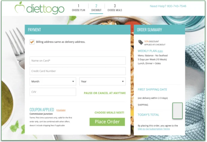 Diet-to-Go's payment details screen during signup