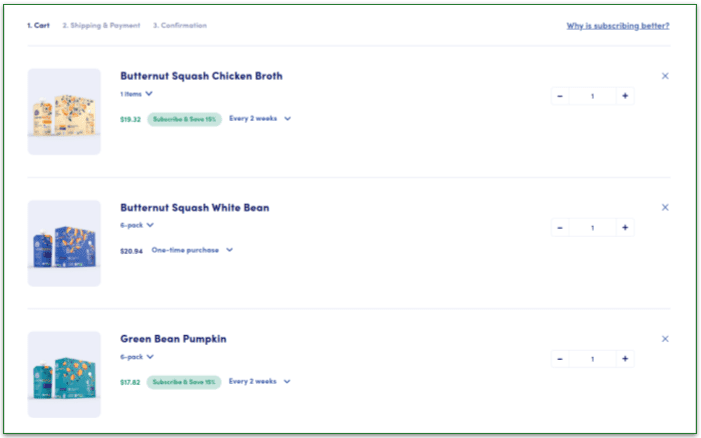 Screenshot of a Cerebelly shopping cart, with subscription and non-subscription items