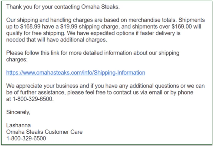 An automated response from Customer Support