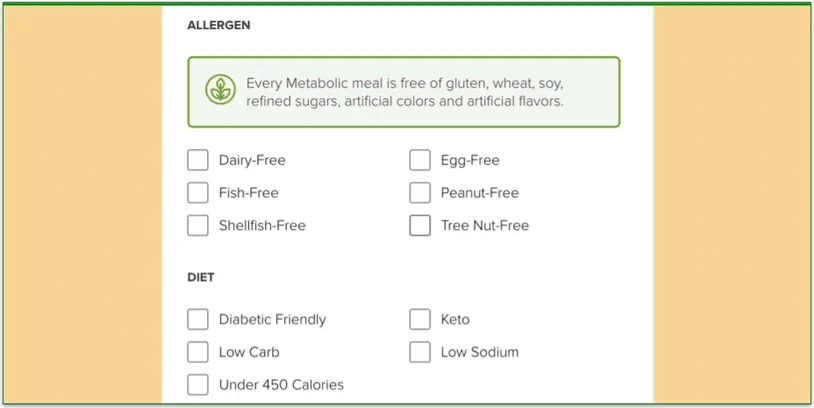 Metabolic Meals filtering options by allergen or diet