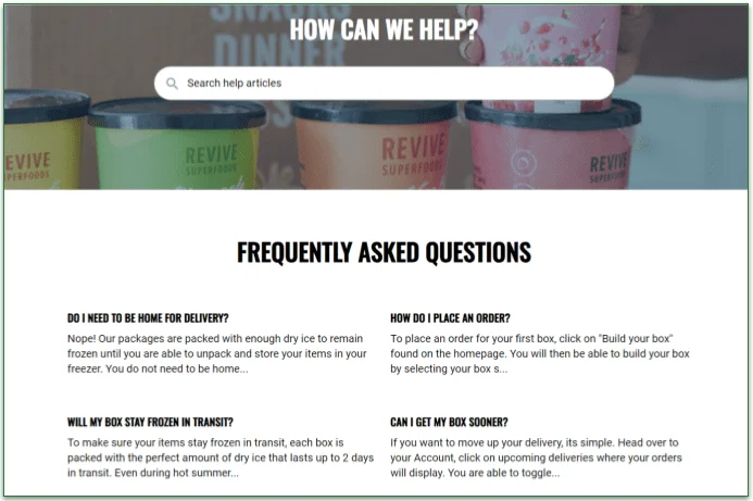 Revive Superfoods' FAQ page