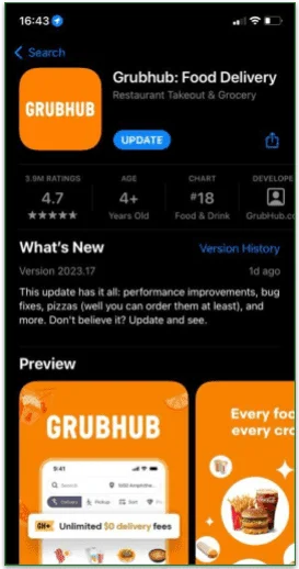 screenshot of Grubhub in the App Store