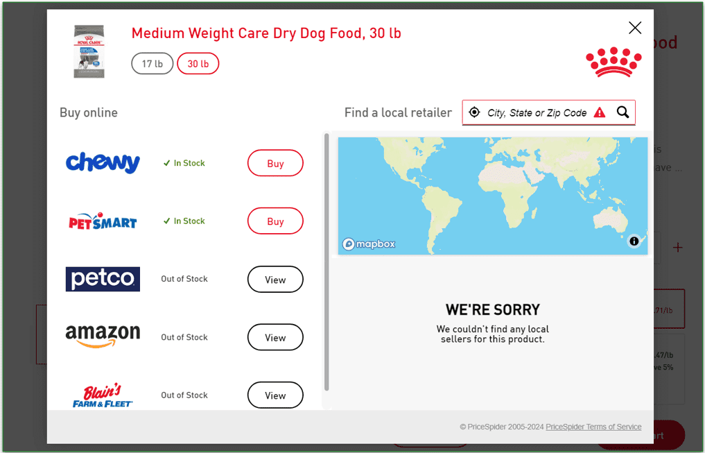 Popup from Royal Canin's store with options for where to buy its products online and a searchable map