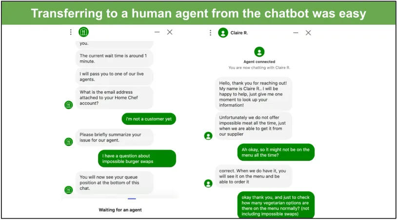 Screenshot of conversations with Home Chef chatbot and customer support agent