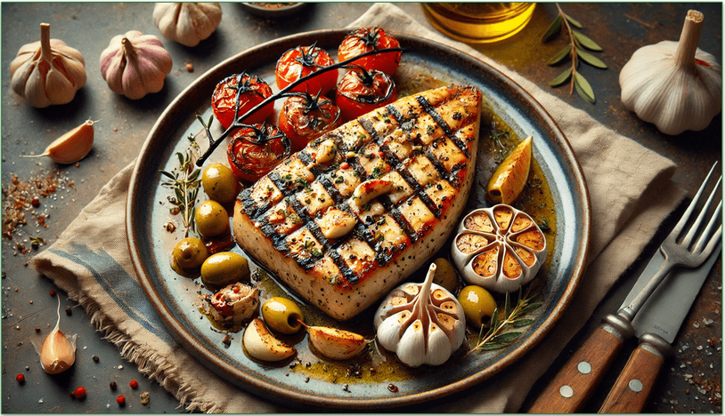 Image of Mediterranean-inspired grilled swordfish on a plate with roasted tomatoes and olives
