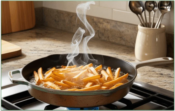 A frying pan with fries on the stove