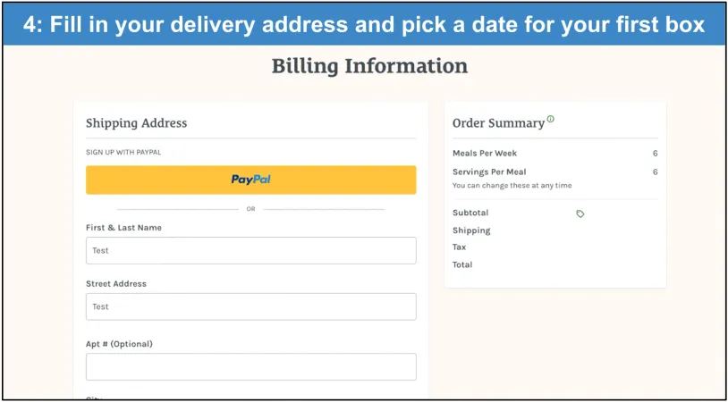 Screenshot of Home Chef's Billing Information page