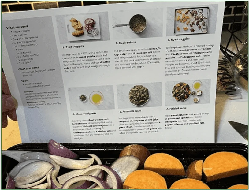 Photo of a clear recipe card behind some chopped veggies on a tray