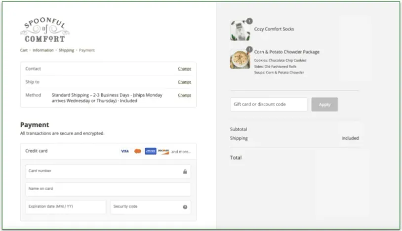 Screenshot of Spoonful of Comfort's Billing Info page