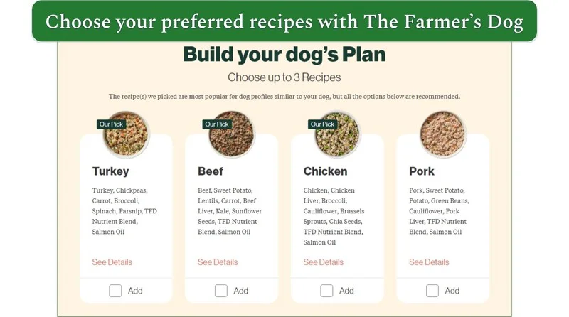 The Farmer's Dog's 4 recipe options on the plan page