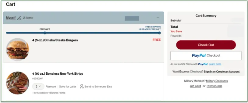 Shopping cart from Omaha Steaks