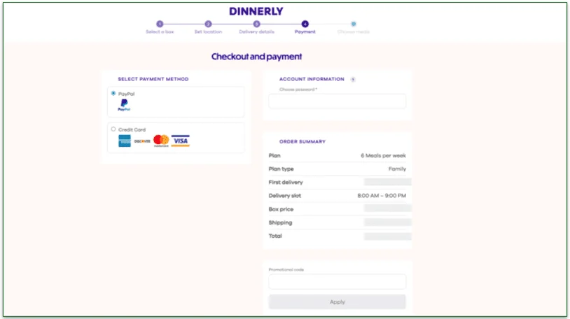 screenshot of Dinnerly's payment sign up screen