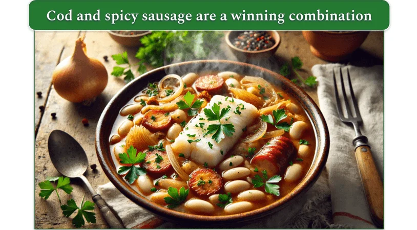 Cod and Spicy Sausage Stew served in a bowl