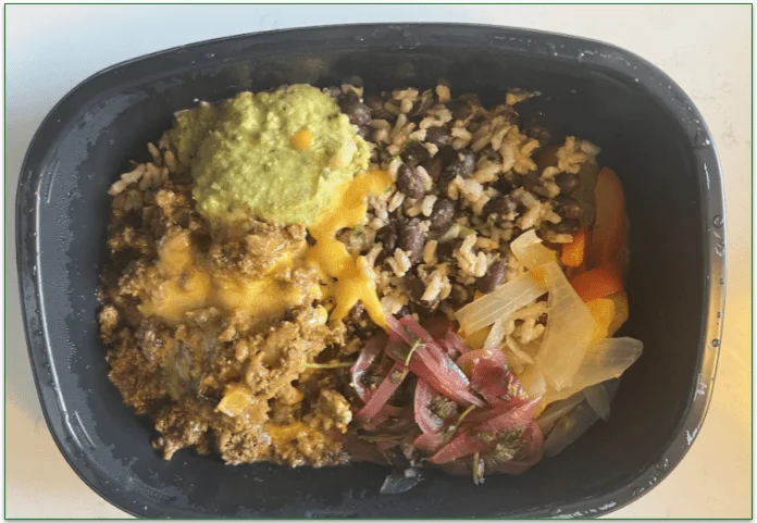 Photo of the cooked Beef Burrito Bowl in a microwaveable tray