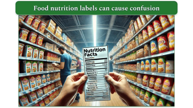 Hands holding a blurry nutrition facts label in a grocery aisle