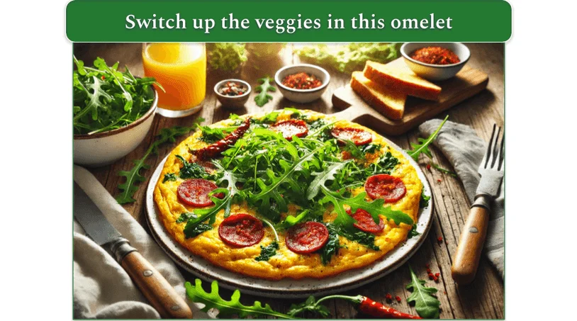 Spicy Arugula and Chorizo Omelet served on a plate