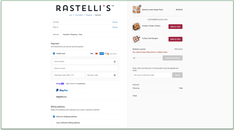 Rastelli's shipping details page