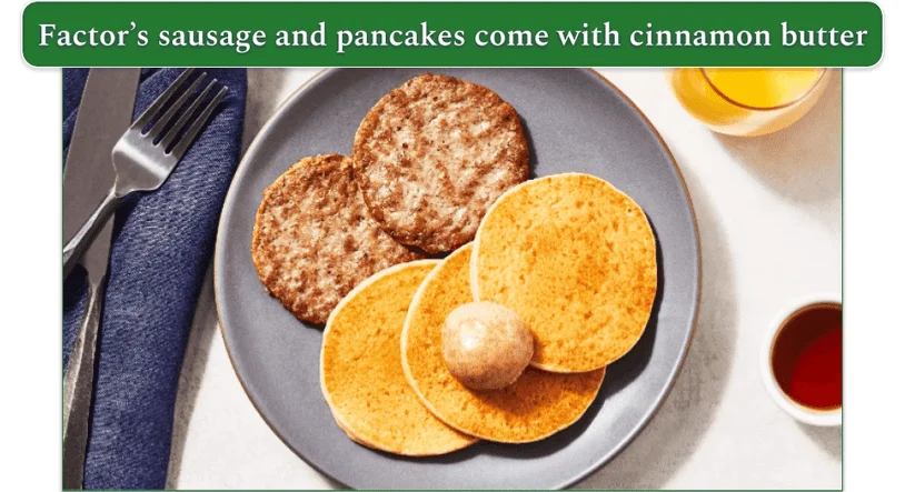 Pancakes and sausage with cinnamon maple butter from Factor
