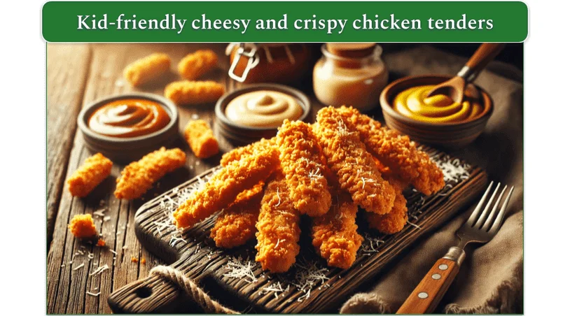 Crispy chicken tenders on a wooden serving board with sauces in the background