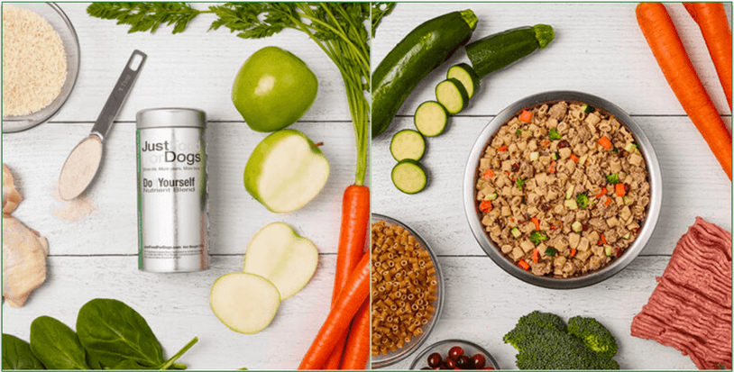 Just Food For Dogs' DIY Chicken nutrient mix in the can next to Turkey & Whole Wheat Macaroni Fresh Food mix in a dish