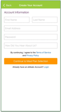 screenshot of account creation page on eMeals mobile app