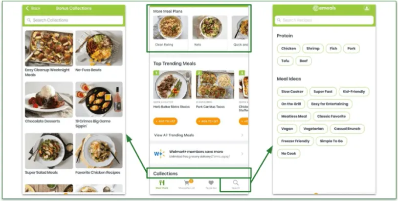 screenshots of viewing eMeals collections and Search page