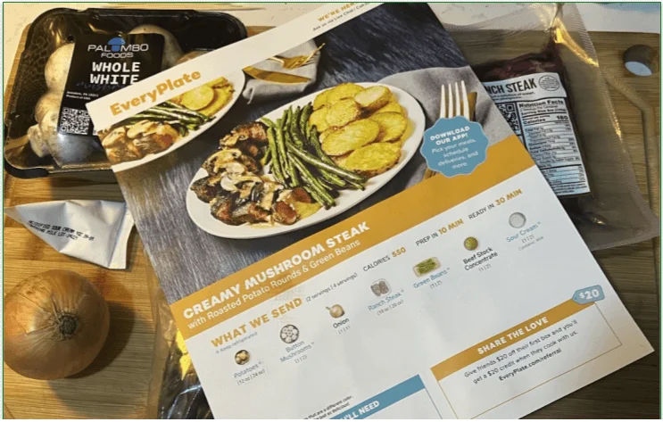 The recipe card and ingredients (without potatoes) for the Creamy Mushroom Steak dish