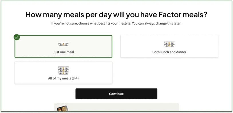 Screenshot of Factor sign up quiz - how many meals per day