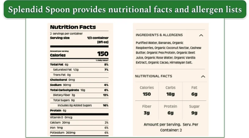 A screenshot of Splendid Spoon's Raspberry Cacao Smoothie’s allergen and nutritional lists.