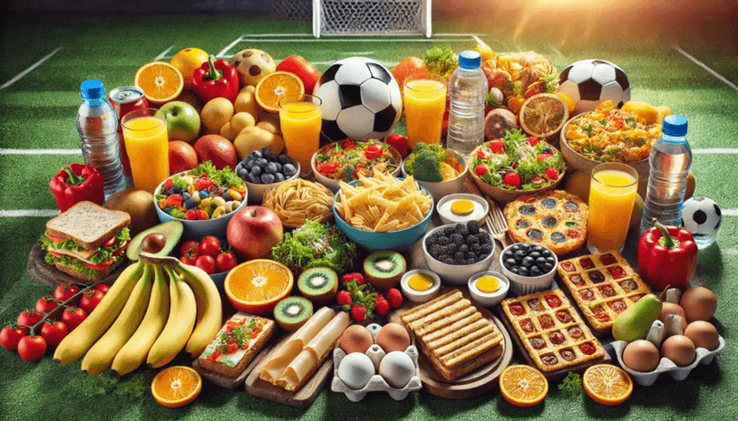 Food and drinks set out on a soccer pitch