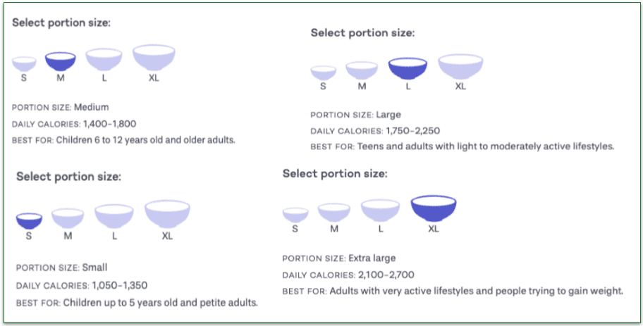 Platejoy's portion size options go from Small to Extra Large
