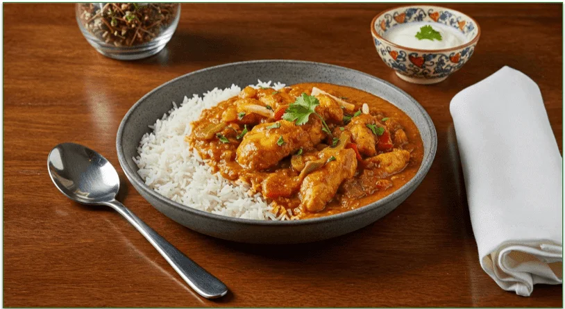 Indian chicken curry on a bed of basmati rice.
