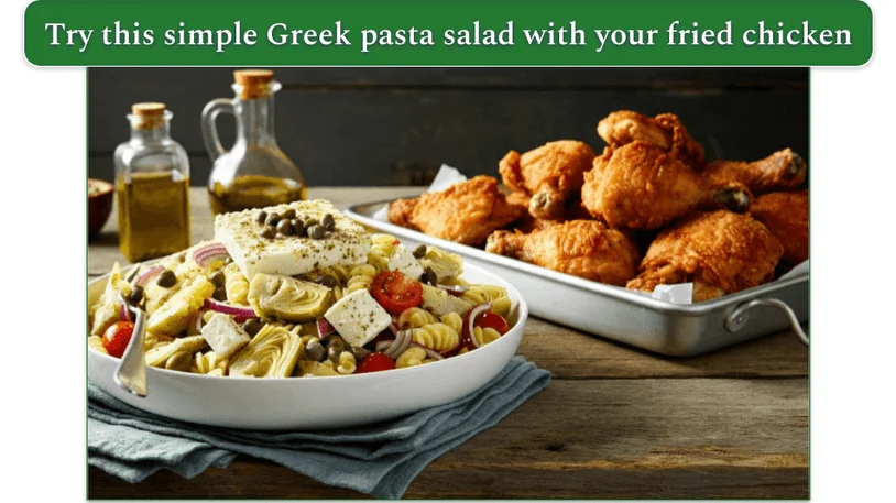 a plate of greek pasta salad beside a serving tray of freshly fried chicken drumsticks
