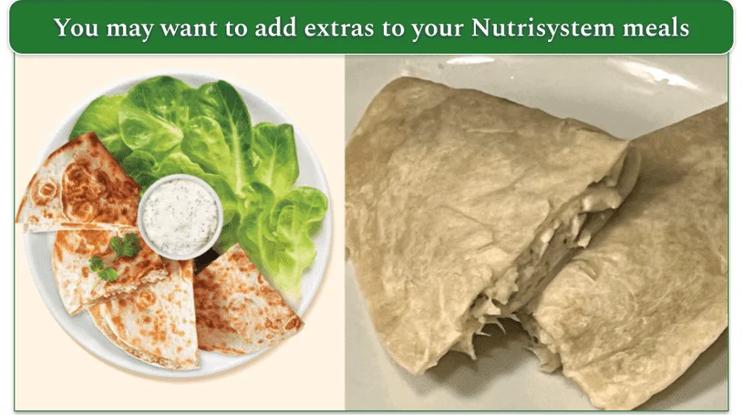 Image of Nutrisystem's menu image of Chicken Bacon Ranch Quesadilla with salad and sauce next to the prepared version without any sides