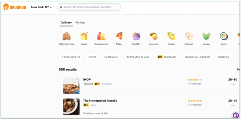 screenshot of merchant availability for Grubhub in NYC