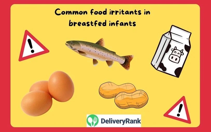 An infographic showing common food irritants for breastfed babies, including trout and cow's milk.