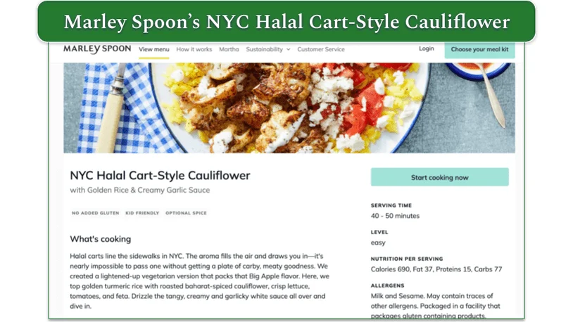 Screenshot of Marley Spoon’s NYC Halal Cart-Style Cauliflower