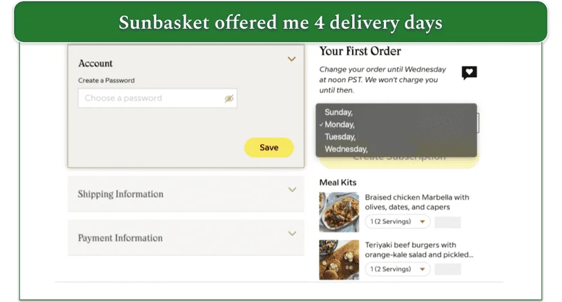 A screenshot of Sunbasket's delivery days