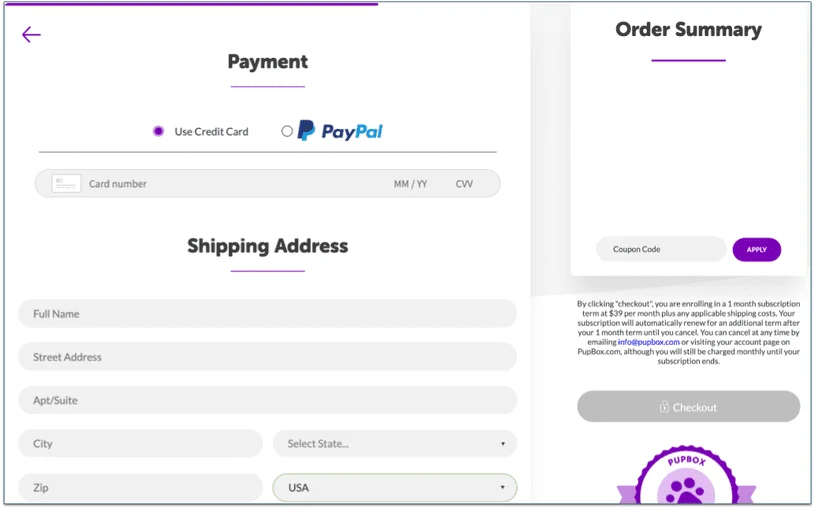 a screenshot of pupbox's final checkout screen