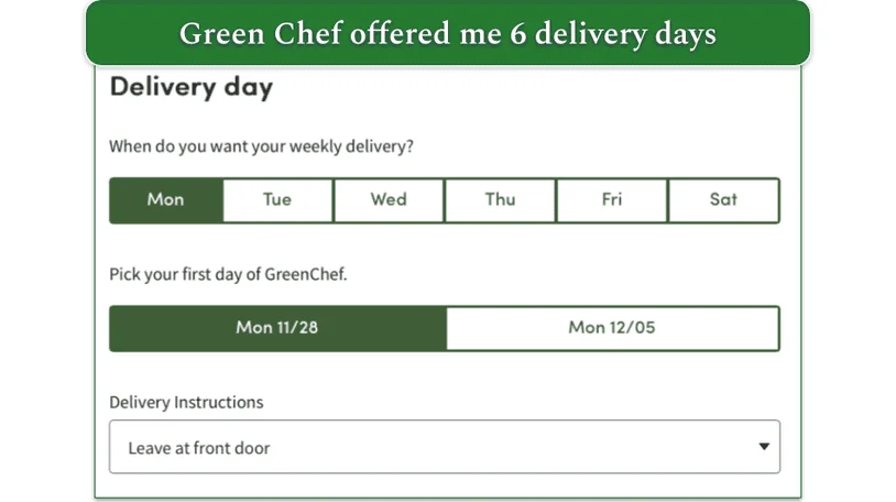 A screenshot of Green Chef's delivery days